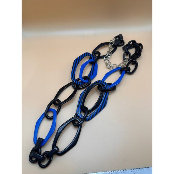 Bold Black and Blue Geometric Plastic Chain Necklace – 42 Inches - Picture 1 of 3